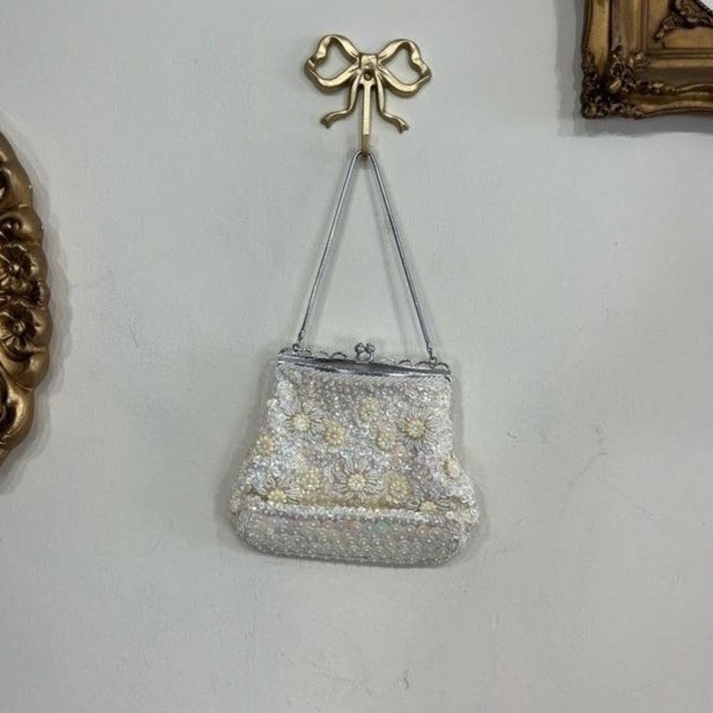 Vintage Beaded Pearl Floral Kiss-Lock Evening Bag Iridescent White Y2K Purse - Picture 2 of 4